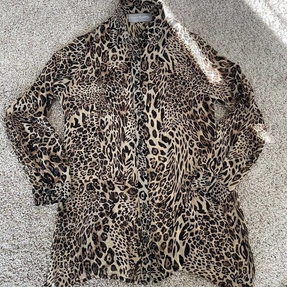 Chicos Travelers Button Down Animal Print Long Sleeve 0 (S) Cheetah Sheer Shirt - Picture 1 of 6